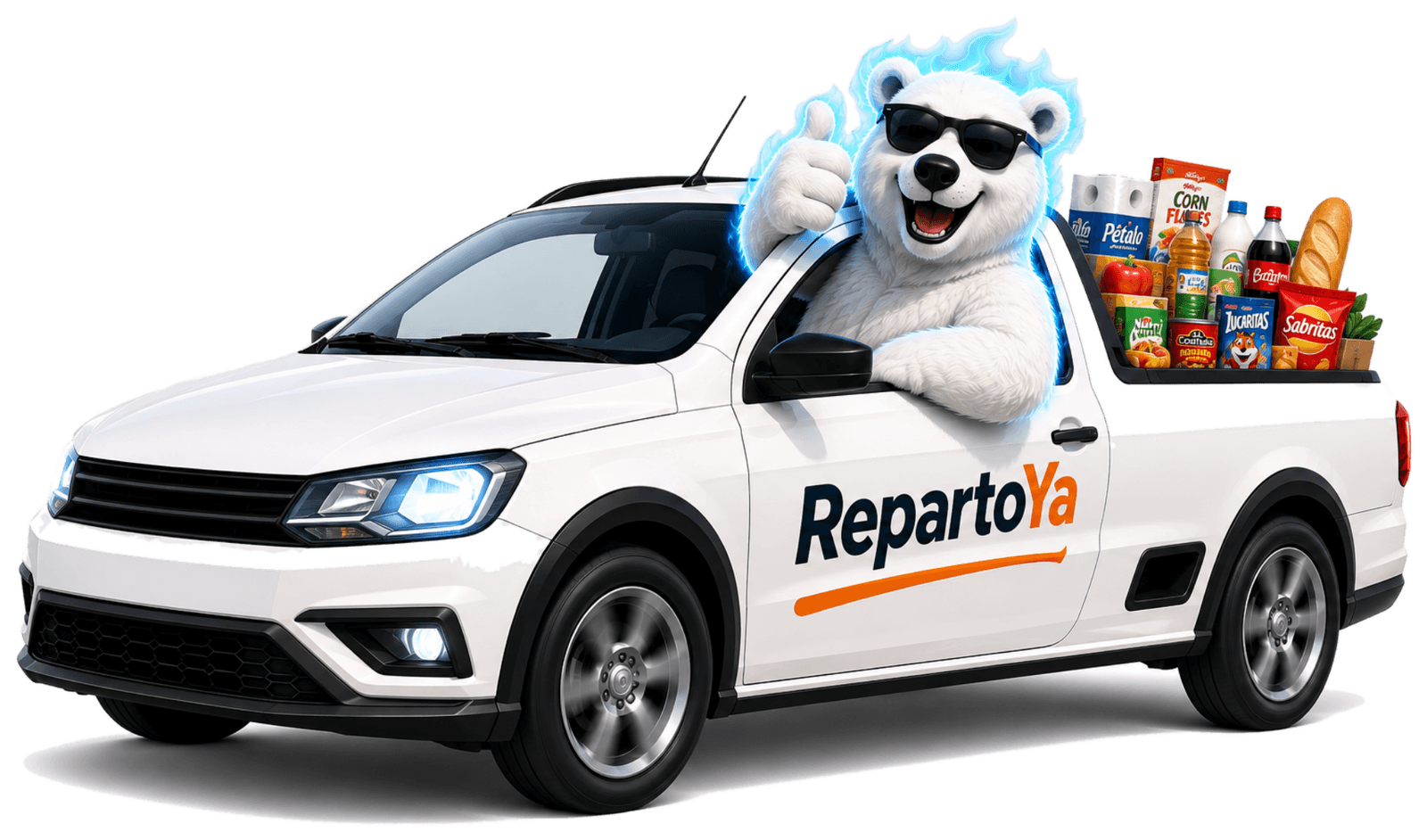 Mascota de RepartoYa repartiendo abarrotes en camioneta